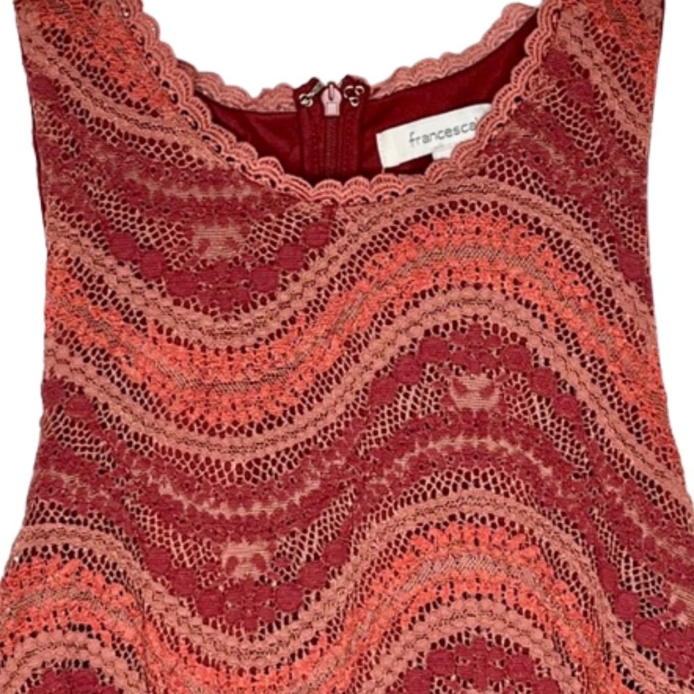 Francesca's Red/Orange Striped Floral Lace Lined Scalloped Hem Dress - L - Picture 3 of 8